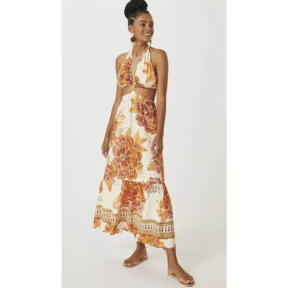 ANTHROPOLOGIE FARM RIO HALTER CUTOUT FLORAL FLOUNCY MAXI DRESS